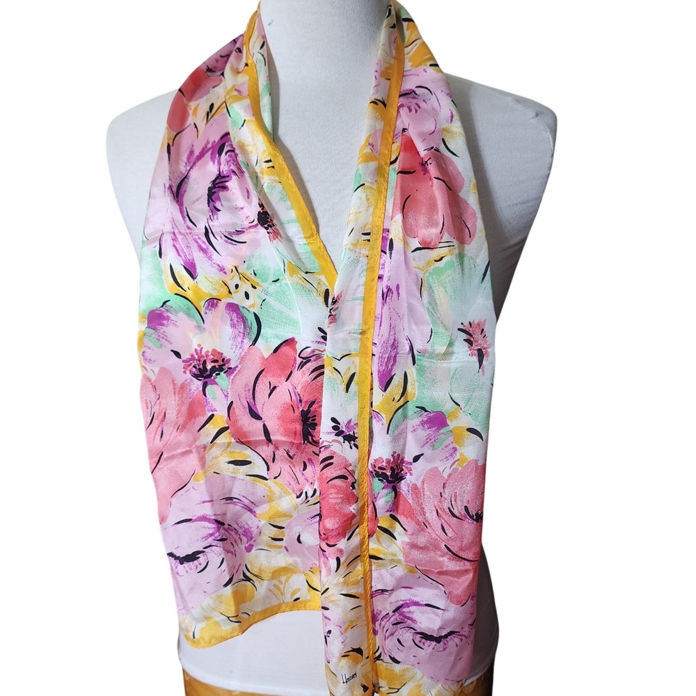 Honey Silk Scarf Vintage Pink Yellow Floral Print‎ Oblong Japan Metal Logo Charm